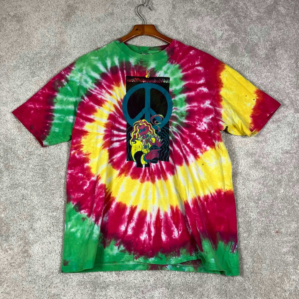 Vintage 90s Hanes Beefy T-Shirt Mens XXL Multi Tie Dye Bartenders Ball Peace